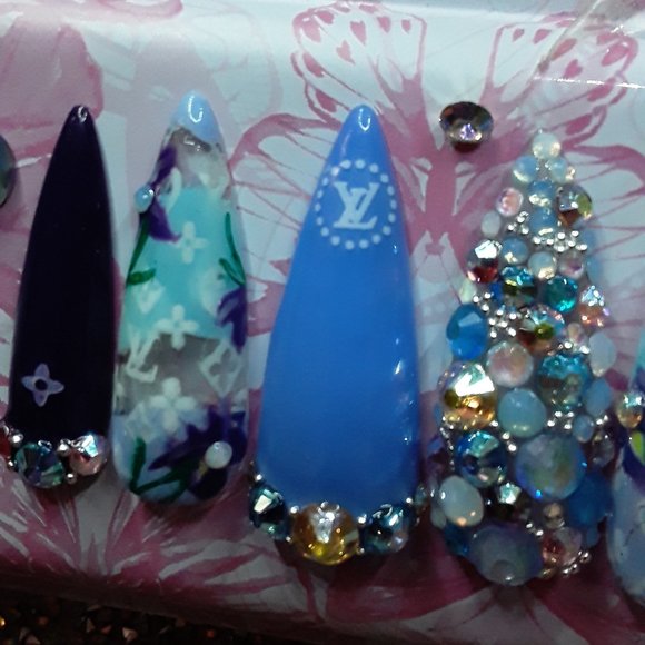 Handmade Hard Gel XL Stiletto "Louie Vuitton" Theme Luxury & Floral Style Press - Picture 3 of 10